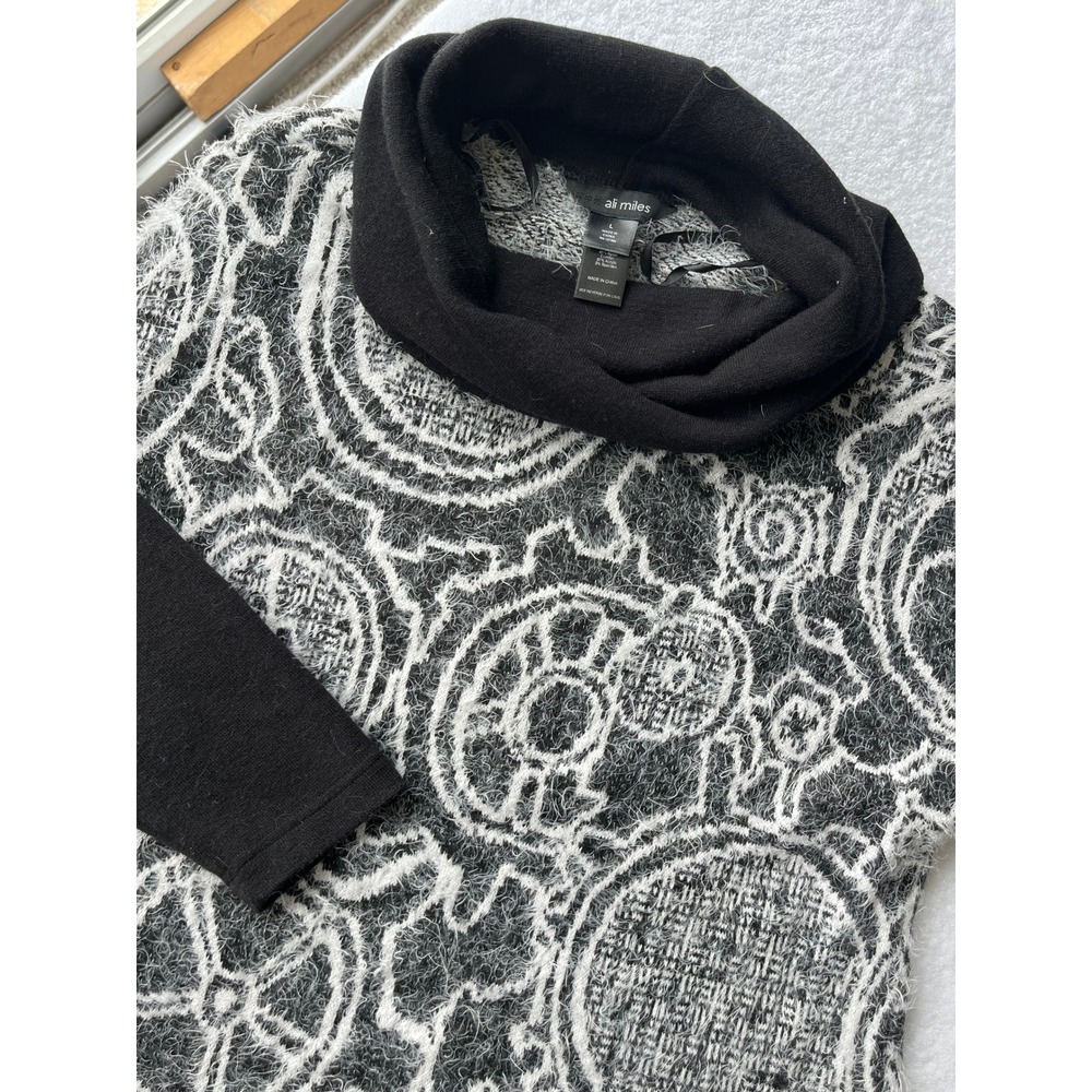 Ali Miles Womens Black White Abstract Gear Cowl Neck Fuzzy Knit Sweater Large L‎